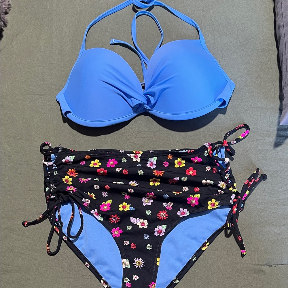 California Waves Blue Push-Up Bikini Top with Black Floral High-Waist Bottom